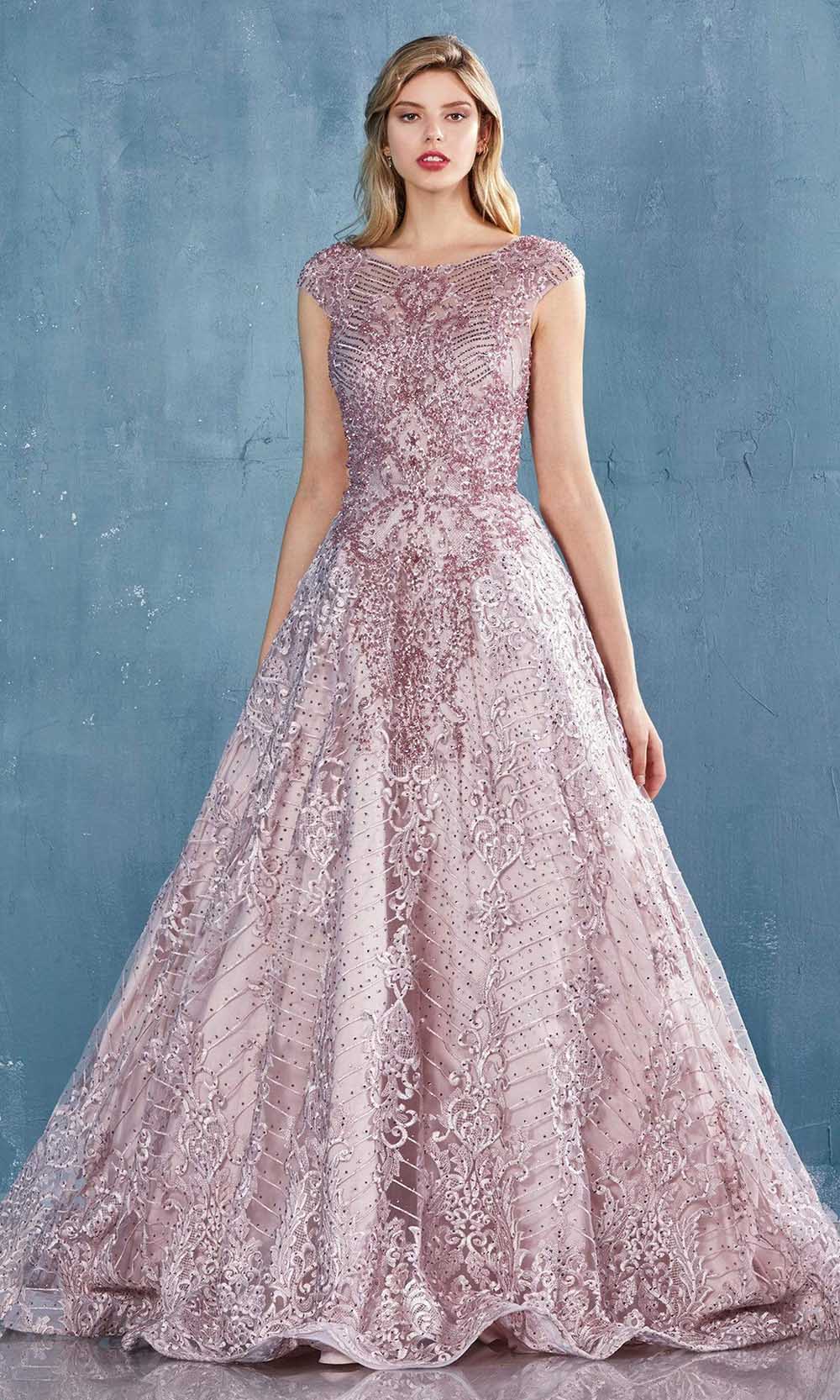 Andrea and Leo - Cap Sleeve Beaded Lace A-Line Gown A0820SC In Pink