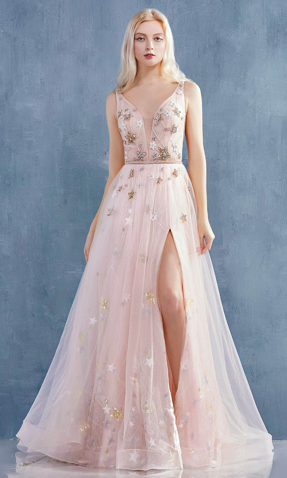 Andrea and Leo - A0827 Plunging V Neck A-Line Gown With Slit Bridesmaid Dresses 2 / Blush