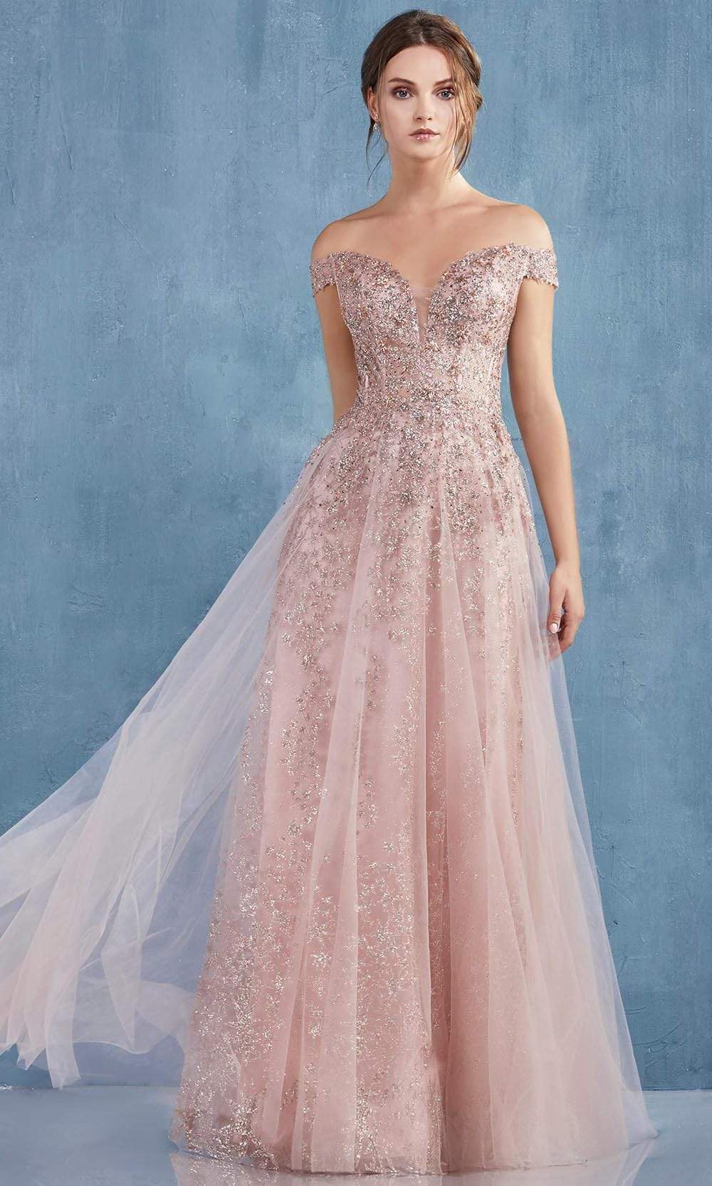 Andrea and Leo - A0870 Off-Shoulder Stellar Glitter Tulle Gown Bridesmaid Dresses 2 / Rose Gold