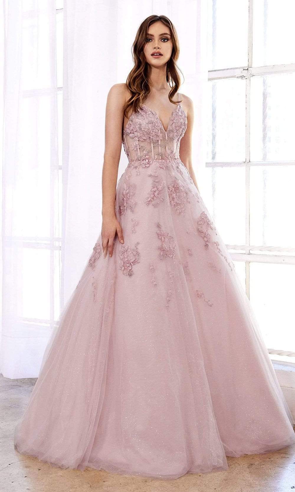 Andrea and Leo - A0892 Floral Embroidered V Neck Ballgown Prom Dresses 2 / Blush