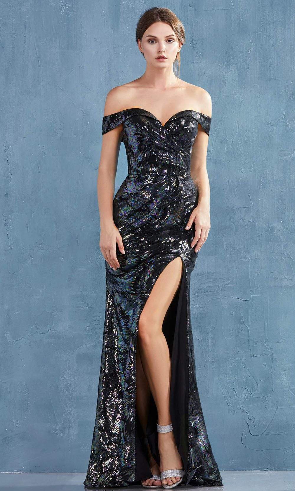 Andrea and Leo - A0918SC Iridescent Sequin High Slit Evening Gown In Black