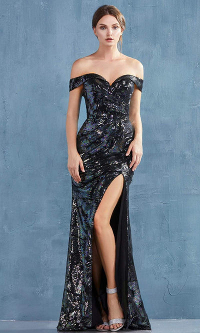 Andrea and Leo - A0918SC Iridescent Sequin High Slit Evening Gown In Black