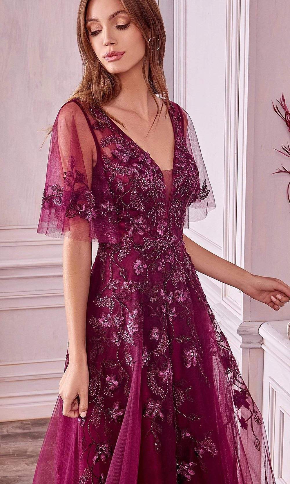 Andrea and Leo - A0941 Embroidery Detailed Flutter Sleeve Dress Special Occasion Dress