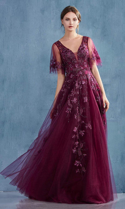 Andrea and Leo - A0941 Embroidery Detailed Flutter Sleeve Dress Special Occasion Dress 2 / Eggplant