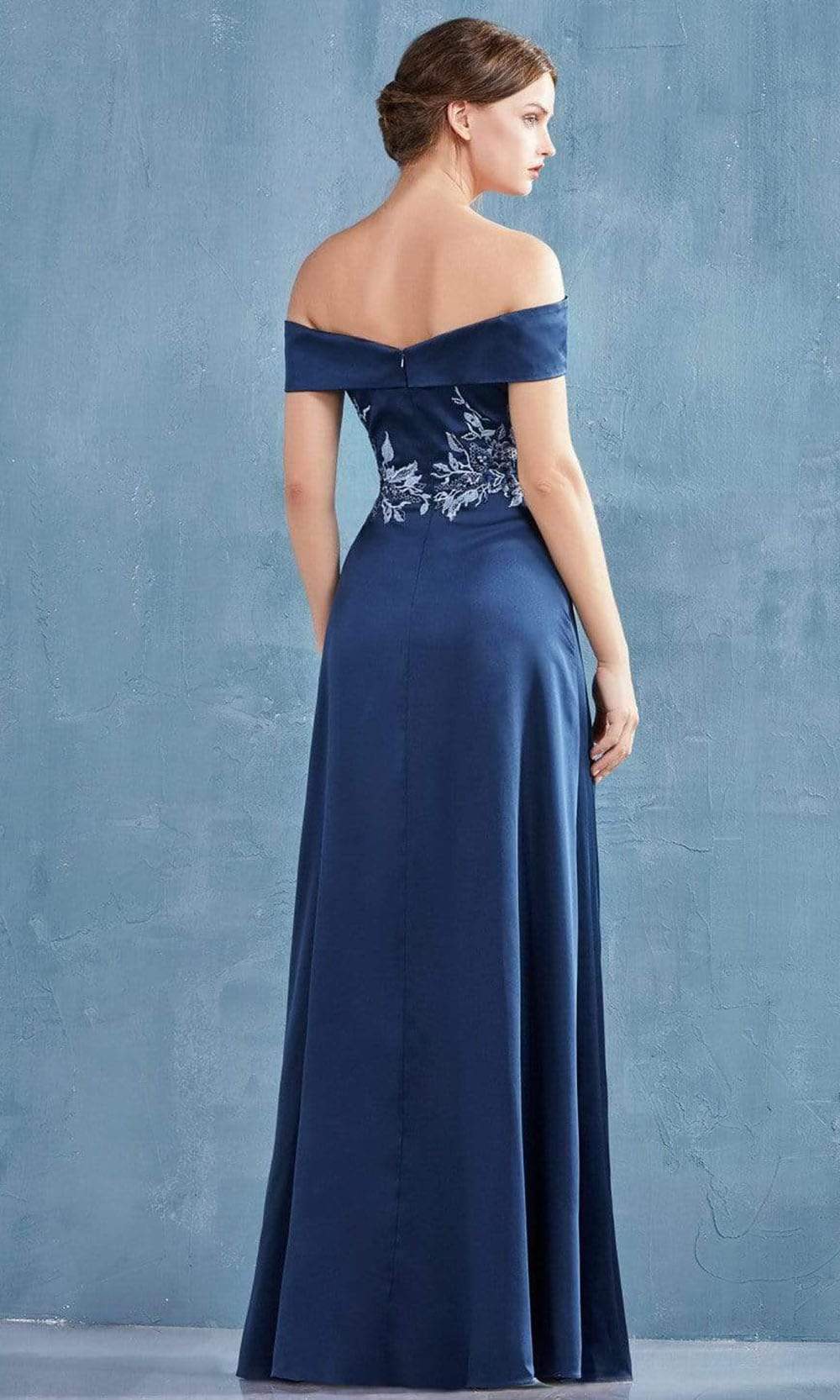 Andrea and Leo - Floral Appliqued Off Shoulder Long Gown A0955SC In Blue