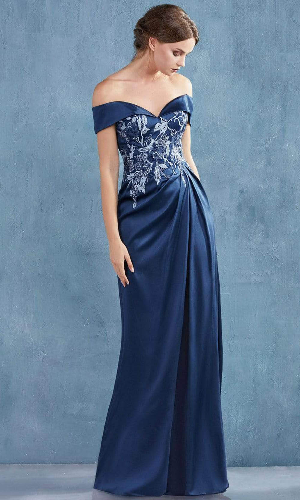 Andrea and Leo - Floral Appliqued Off Shoulder Long Gown A0955SC In Blue
