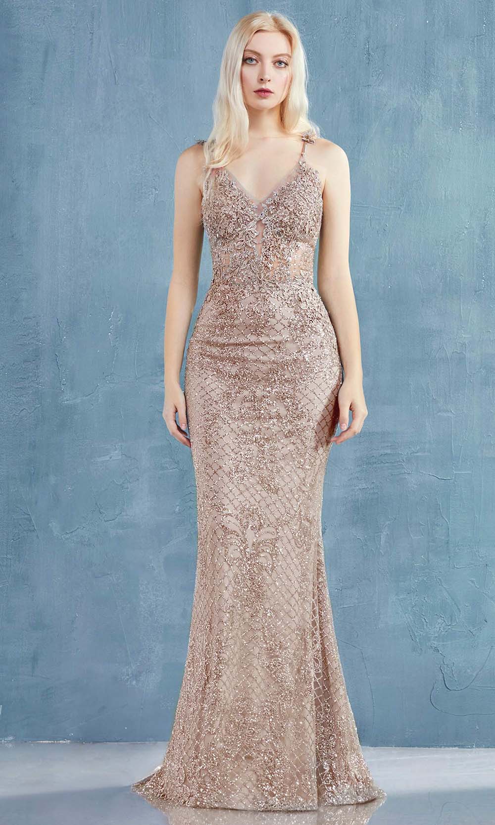 Andrea and Leo - A0960 Beaded Lace V Neck Trumpet Gown Bridesmaid Dresses 2 / Rose Gold