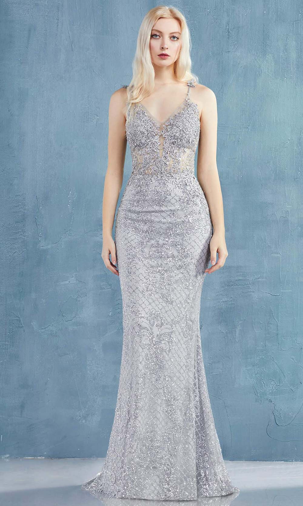Andrea and Leo - A0960 Beaded Lace V Neck Trumpet Gown Bridesmaid Dresses 2 / Silver