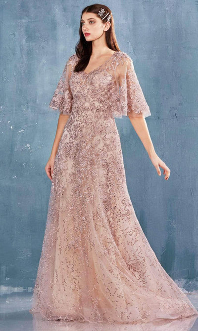 Andrea and Leo - A0972 Beaded Flutter Sleeve Long Gown Mother of the Bride Dresses 2 / Rose