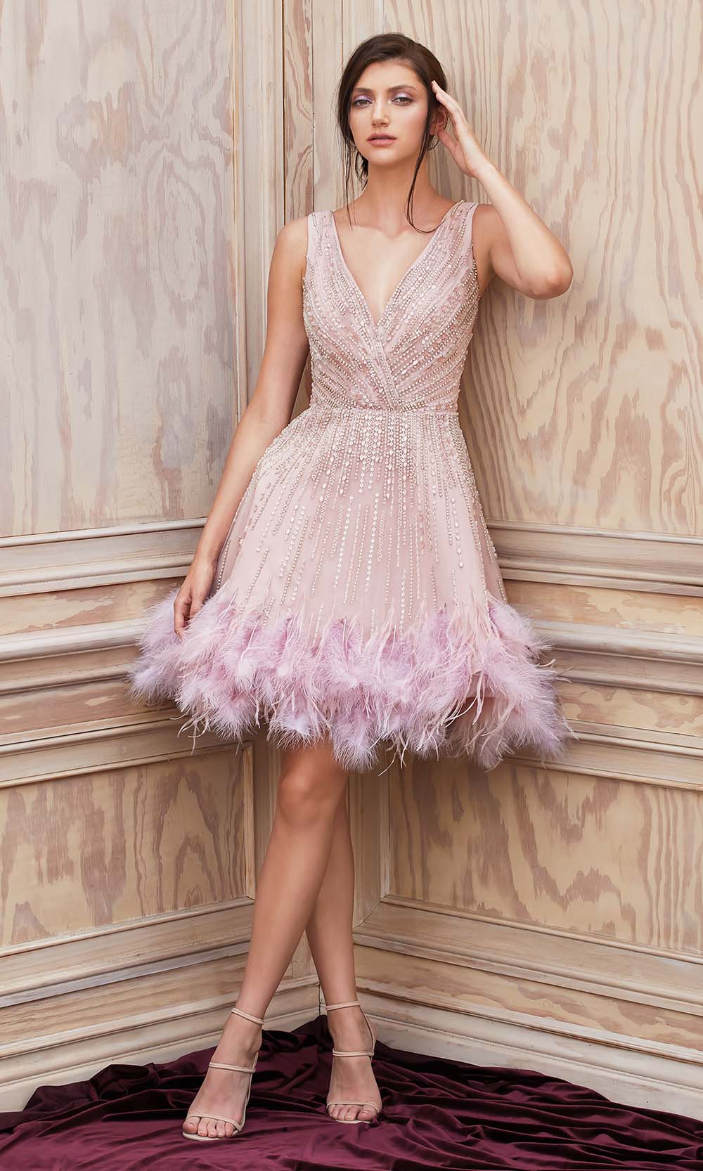 Andrea and Leo - A1012 Multi-Beaded Fit And Flare Feather Hem Dress Cocktail Dresses 2 / Mauve