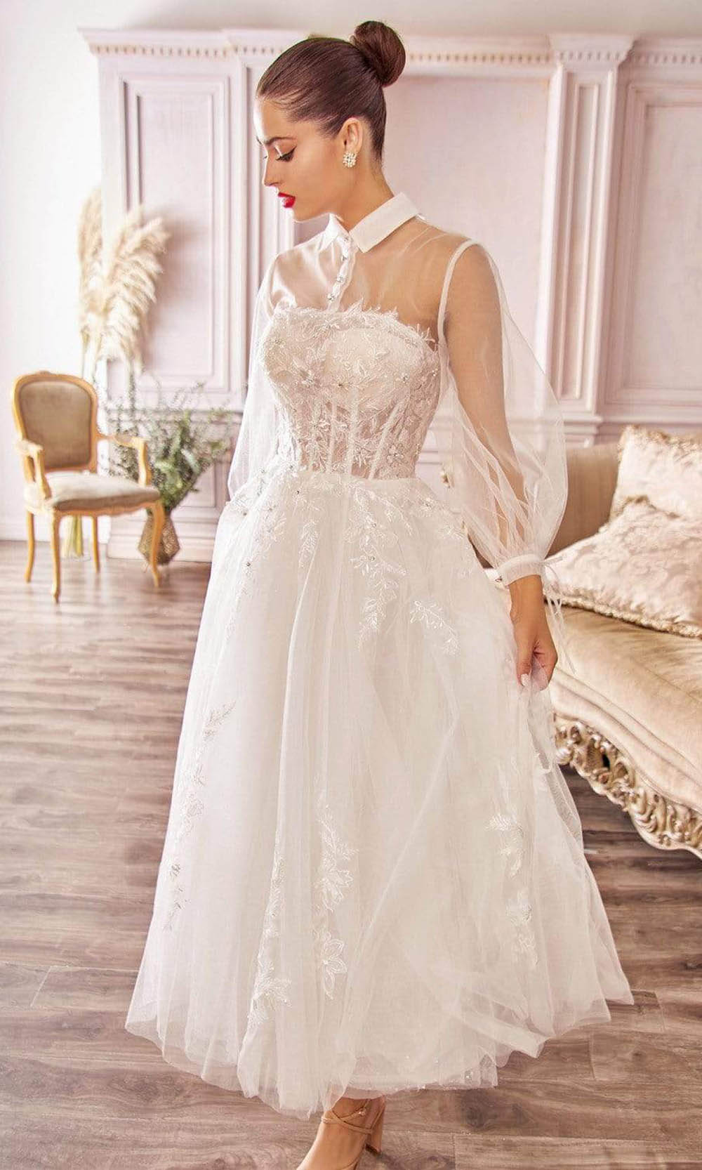Andrea and Leo - A1016 Collared Illusion Neckline Cocktail Length Bridal Dress - 1 pc Off White In Size 16 Available CCSALE 16 / Off White