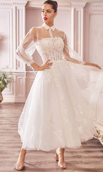 Andrea and Leo - A1016 Collared Illusion Neckline Cocktail Length Bridal Dress - 1 pc Off White In Size 16 Available CCSALE 16 / Off White