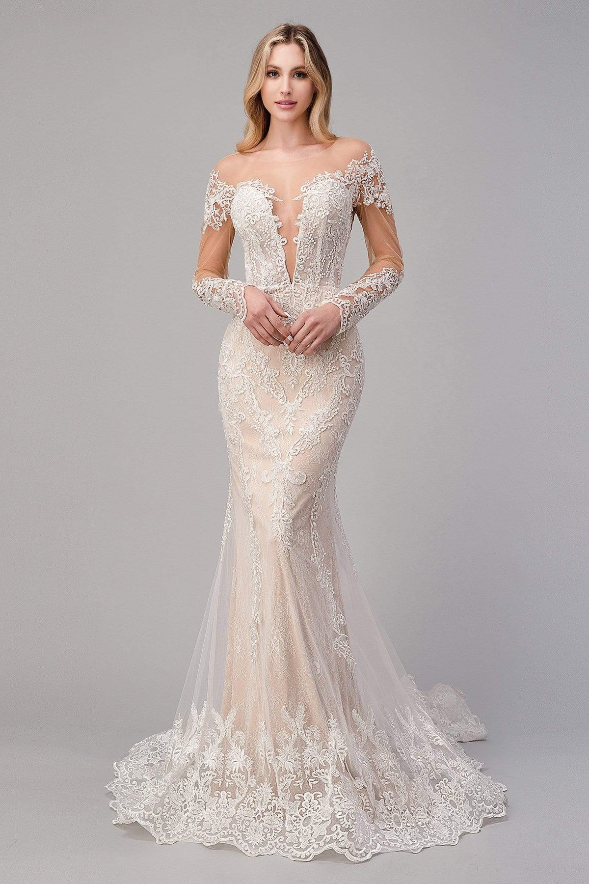 Andrea and Leo - A1022 Embroidered Lace Sheer Bridal Dress Wedding Dresses 2 / Off White