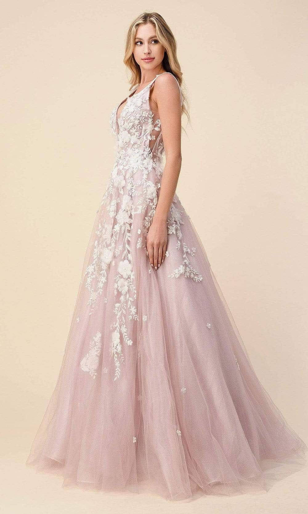Andrea and Leo - A1028 Floral Applique Deep V Neck Ballgown Ball Gowns