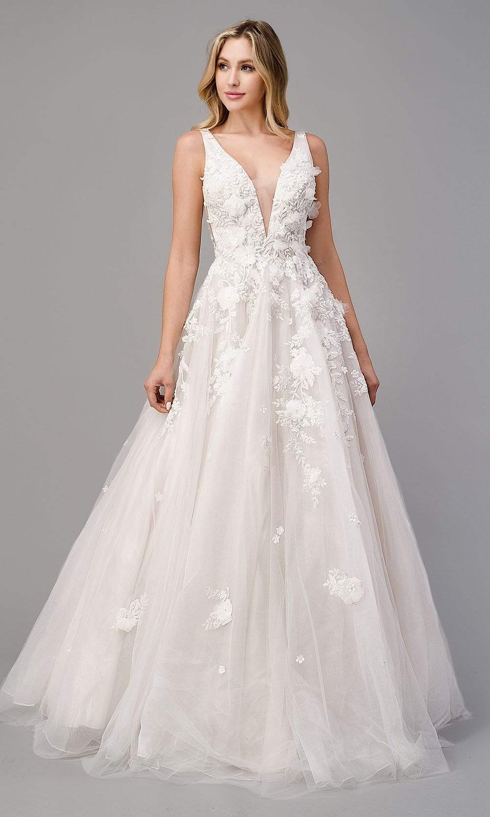 Andrea and Leo - A1028W Plunging Neck Floral Wedding Dress Wedding Dresses 2 / French White