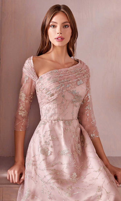 Andrea and Leo - A1030SC Quarter Sleeves Floral Print A-line Dress In Pink and Gold