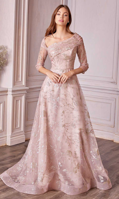 Andrea and Leo - A1030SC Quarter Sleeves Floral Print A-line Dress In Pink and Gold