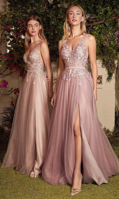 Andrea and Leo - A1045 Appliqued Tulle High Slit Gown Prom Dresses 2 / Nude Mauve