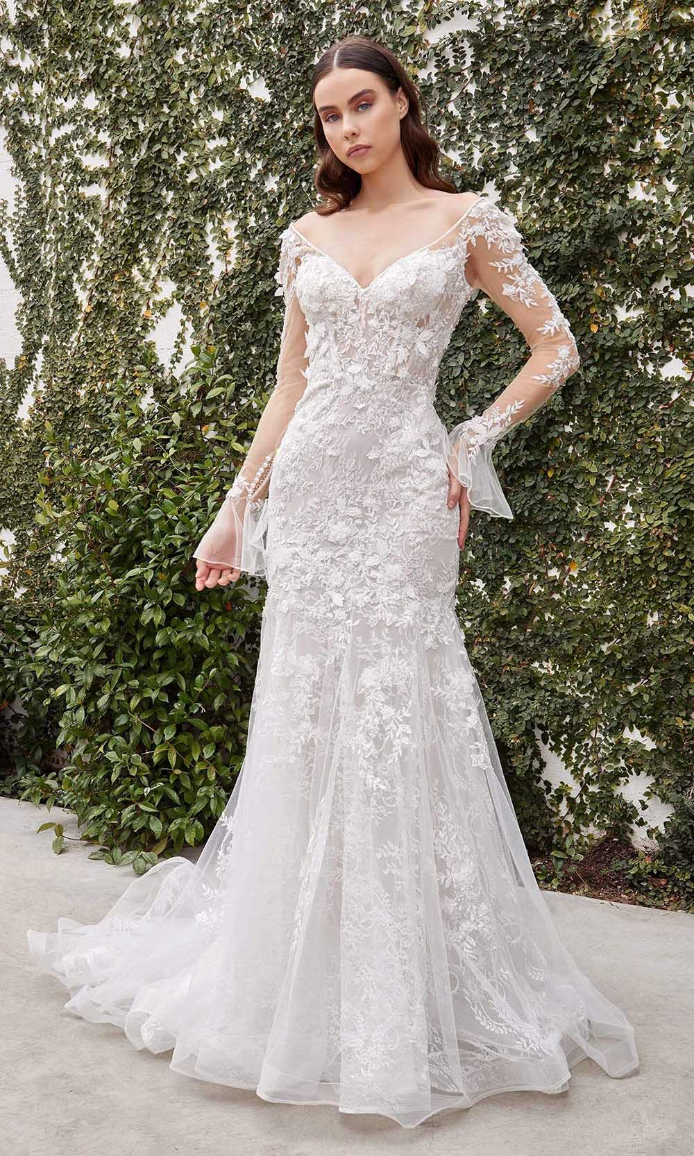 Andrea and Leo - A1073W Flared Sleeve Embroidered Bridal Gown Bridal Dresses 2 / Off White nude