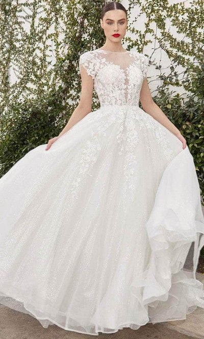 Andrea and Leo A1082W - Lace Applique Cap Sleeve A-Line Dress Bridal Dresses 2 / Off White