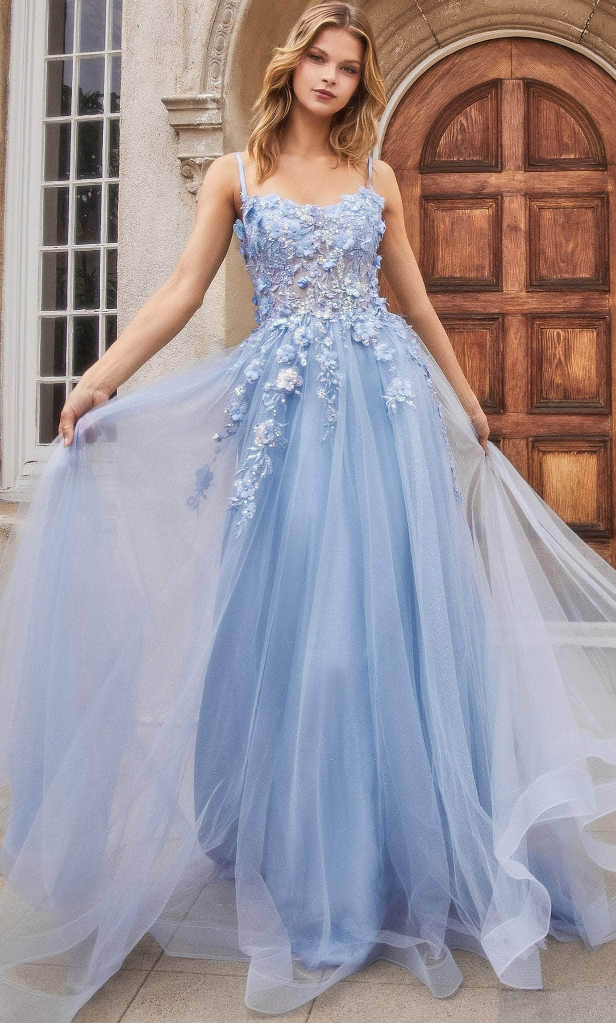 Andrea and Leo A1142 - Scoop Floral Appliqued Prom Gown Special Occasion Dress 2 / Blue