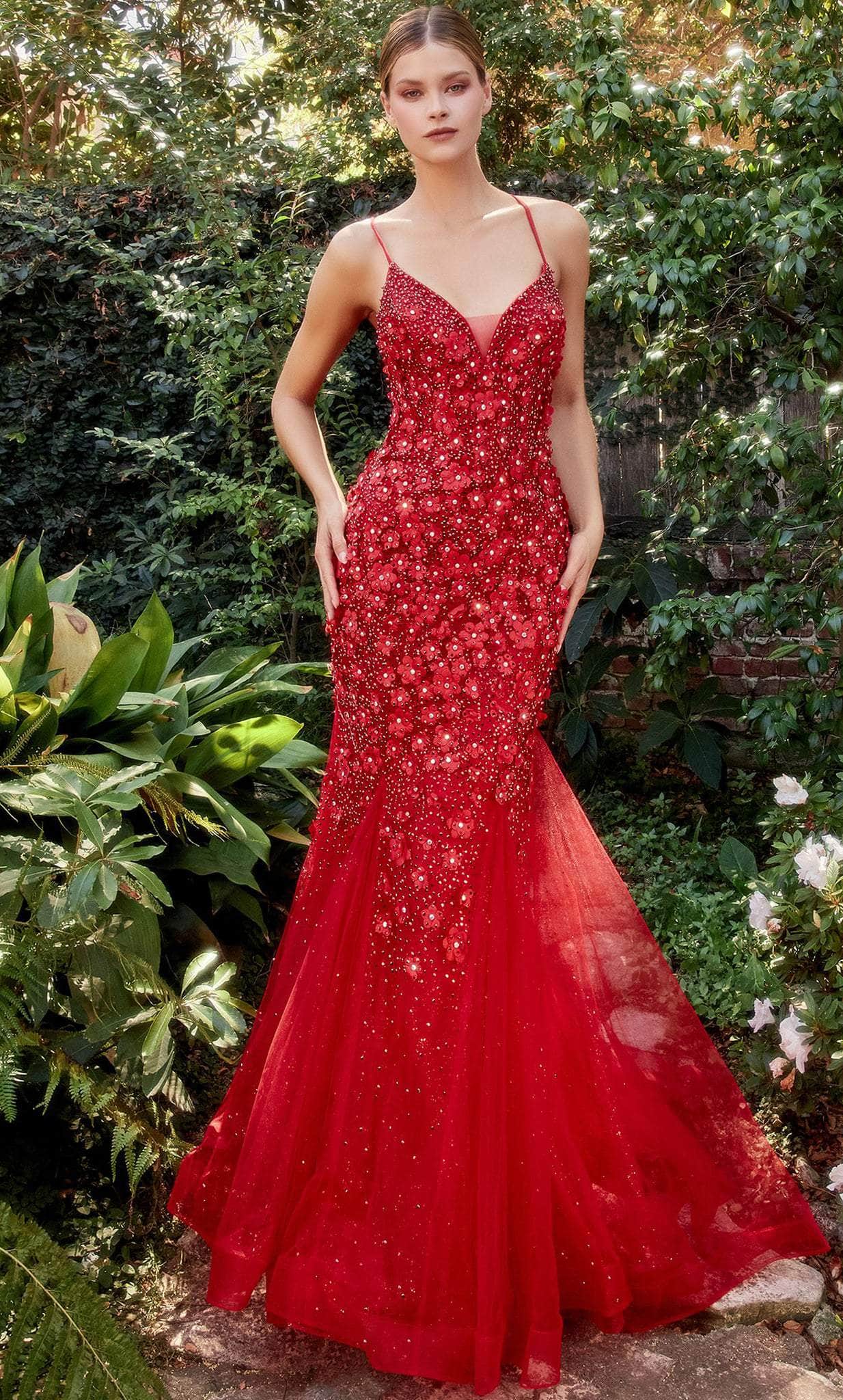 Andrea and Leo A1201 - Floral Appliqued Lace-Up Prom Gown Special Occasion Dress 2 / Red