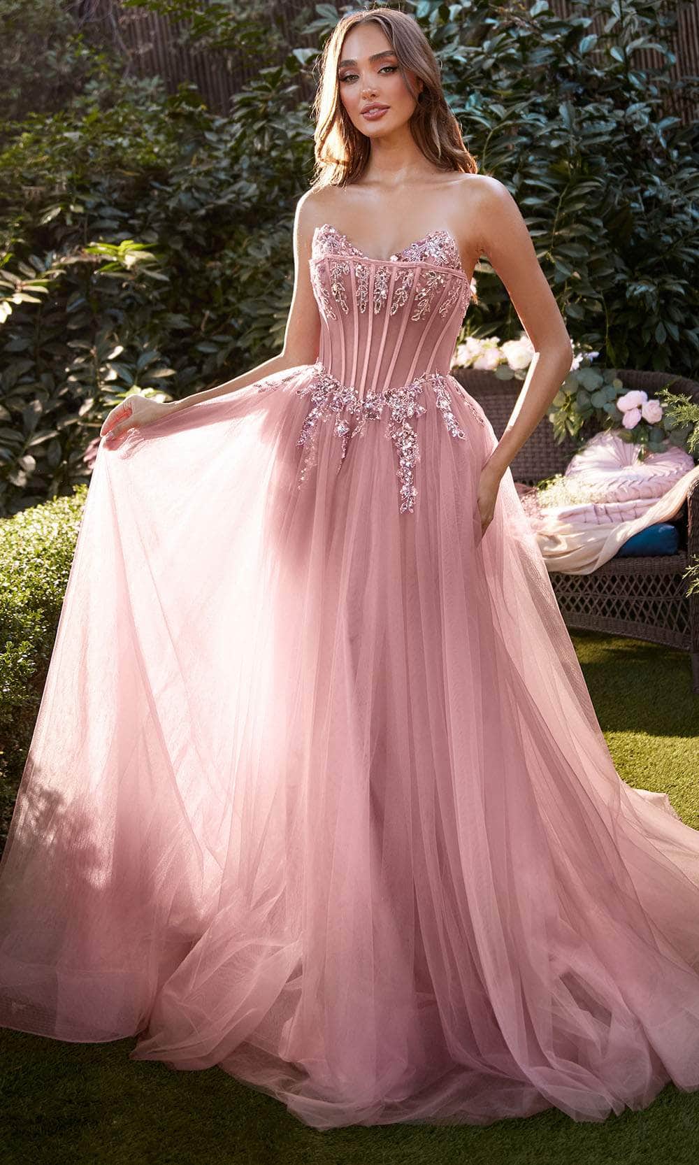 Andrea And Leo A1267 - Beaded Appliqued Evening Dress 2 / Rose