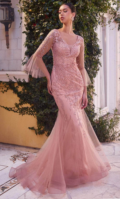 Andrea And Leo A1342 - Bell Sleeve Applique Gown 2 / Rose