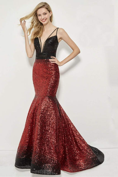 Angela & Alison - 81008 Two-Toned Sequin Ornate Trumpet Gown Special Occasion Dress 0 / Black/Red
