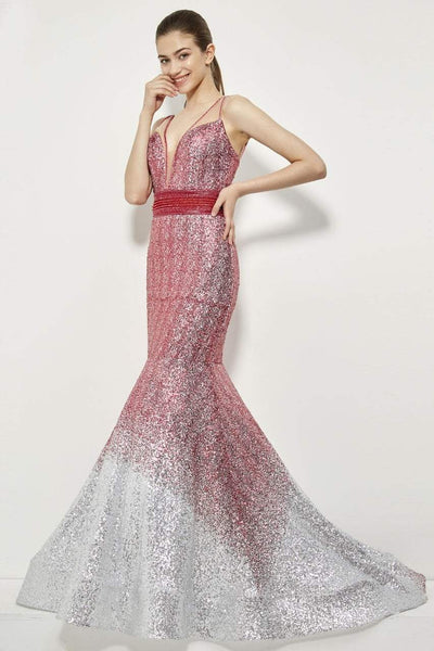 Angela & Alison - 81008 Two-Toned Sequin Ornate Trumpet Gown Special Occasion Dress 0 / Fuchsia/Silver