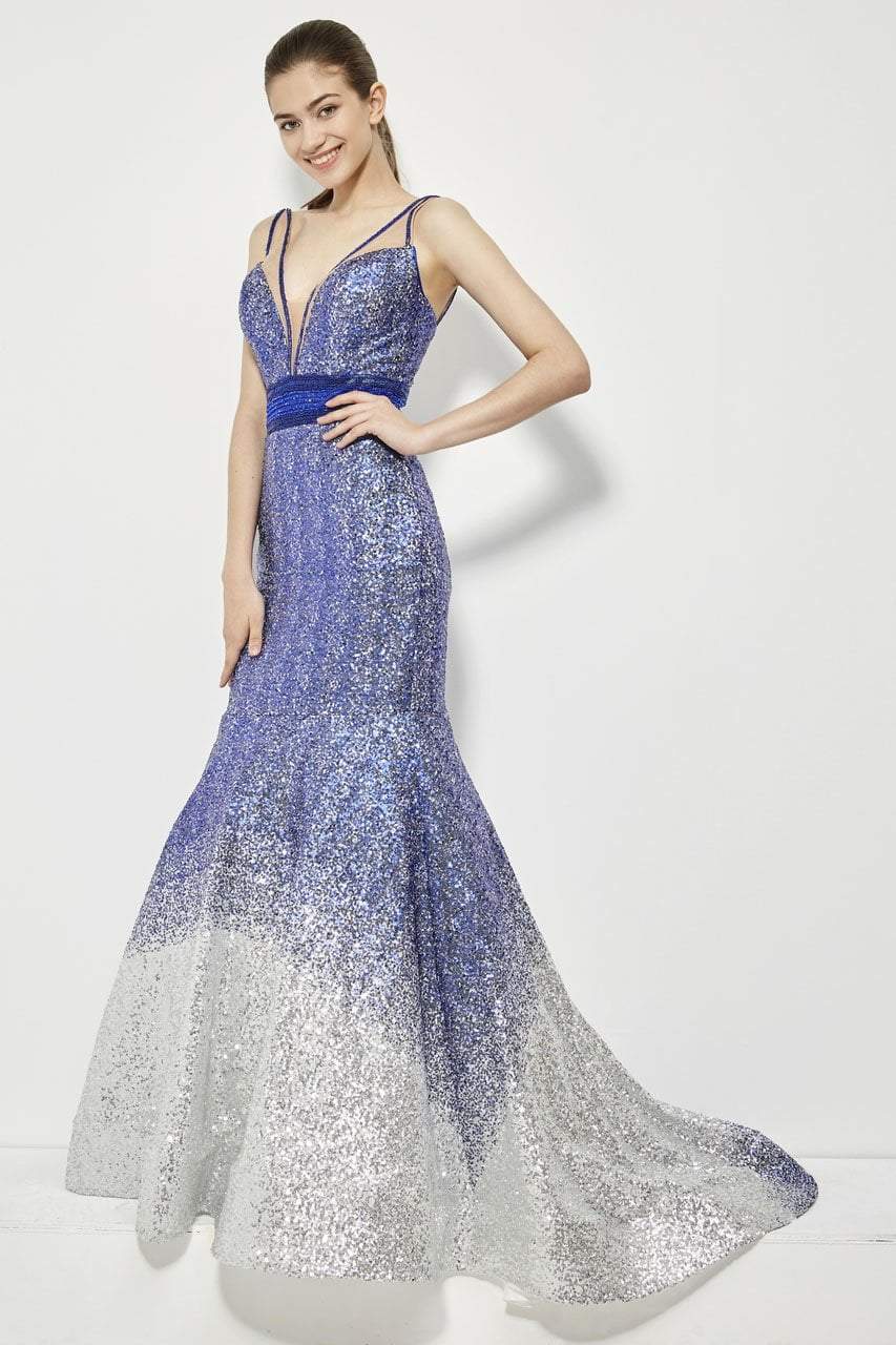 Angela & Alison - 81008 Two-Toned Sequin Ornate Trumpet Gown Special Occasion Dress 0 / Royal Blue/Silver
