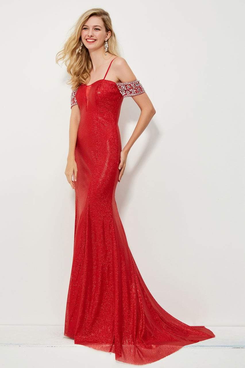 Angela & Alison - 81021 Bejeweled Off Shoulder Glitter Sheath Gown Special Occasion Dress