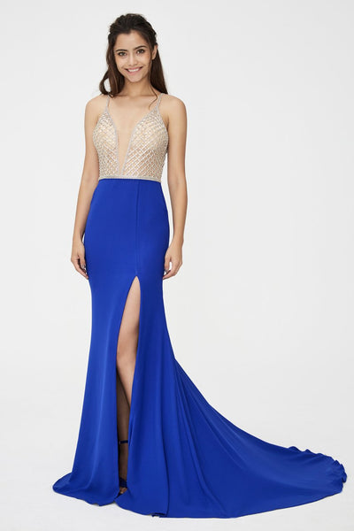 Angela & Alison - 81060 Bejeweled Deep V-neck Sheath Dress Special Occasion Dress 0 / Royal Blue