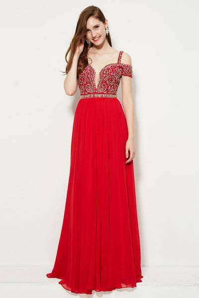 Angela & Alison - 81081 Embellished Deep V-neck A-line Dress Special Occasion Dress 0 / Hot Red