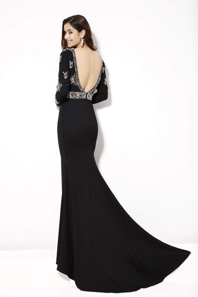 Angela & Alison - 81093 Long Sleeves Beaded Deep V-neck Trumpet Dress - 1 pc Black In Size 2 Available CCSALE