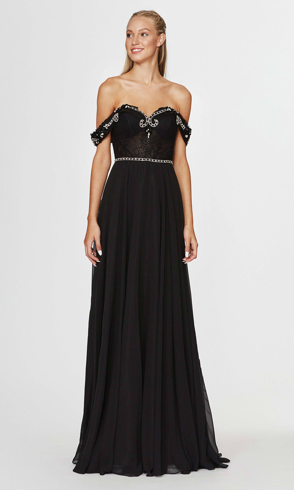 Angela & Alison - 91012 Draped Off Shoulder Beaded Lace Chiffon Gown - 1 pc Black In Size 14 Available CCSALE 14 / Black