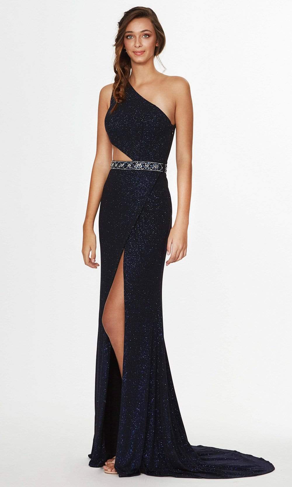 Angela & Alison - One Shoulder Cutout Glitter Gown 91018SC In Blue