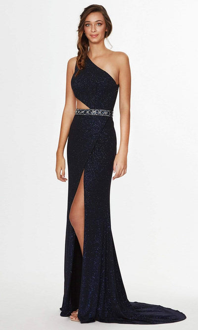 Angela & Alison - One Shoulder Cutout Glitter Gown 91018SC In Blue
