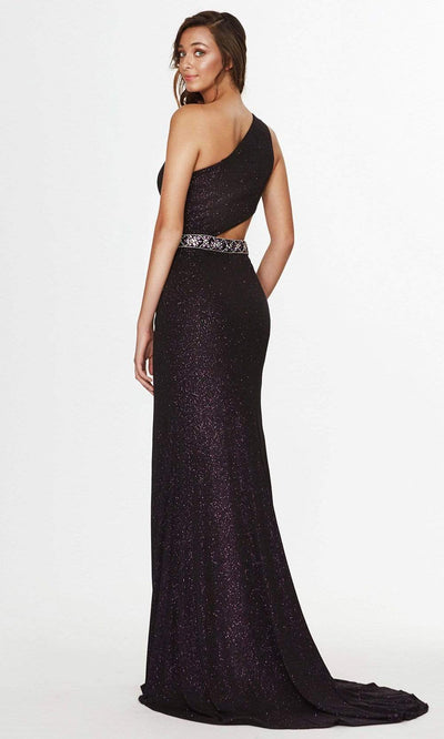 Angela & Alison - One Shoulder Cutout Glitter Gown 91018SC In Purple