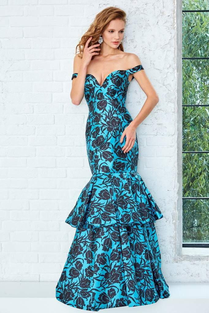 Angela & Alison Floral Print Off Shoulder Layered Trumpet Gown 71056 CCSALE 4 / Teal/Black Floral