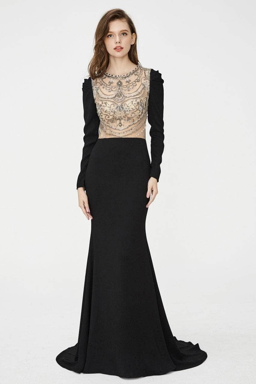 Angela & Alison - Illusion Embellished Trumpet Evening Dress 81056 - 1 pc Black In Size 14 Available CCSALE 14 / Black