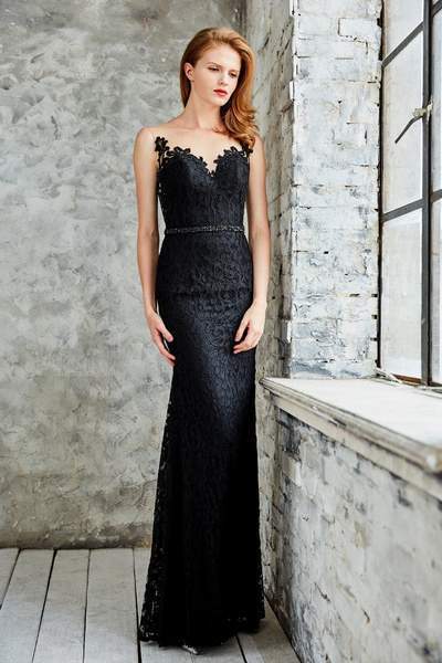 Angela & Alison - Lace Illusion Jewel Sheath Dress 71073 CCSALE 6 / Black/Black