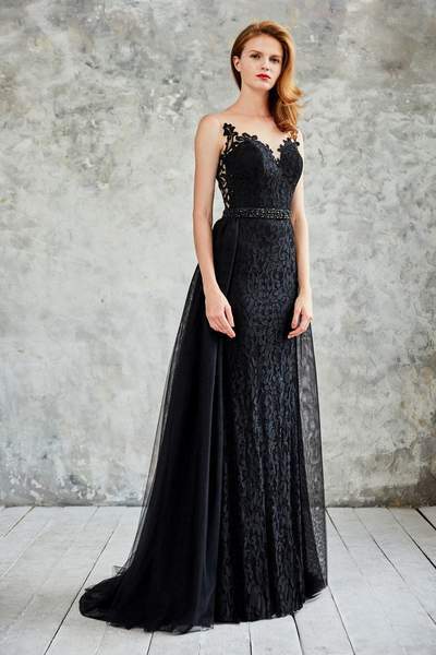Angela & Alison - Lace Illusion Jewel Sheath Dress 71073 CCSALE 6 / Black/Black