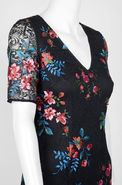 Adrianna Papell - AP1D102954 Floral Embroidered V-neck Sheath Dress In Black and Multi-Color