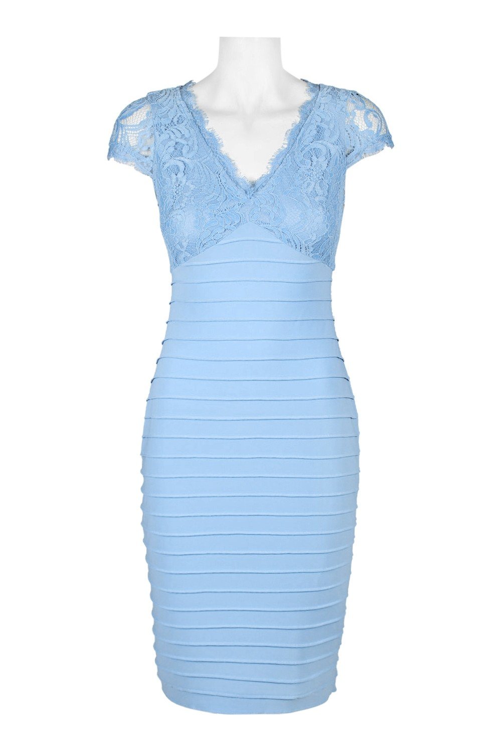 Adrianna Papell - AP1D103085 Lace Applique V-neck Piping Sheath Dress In Blue
