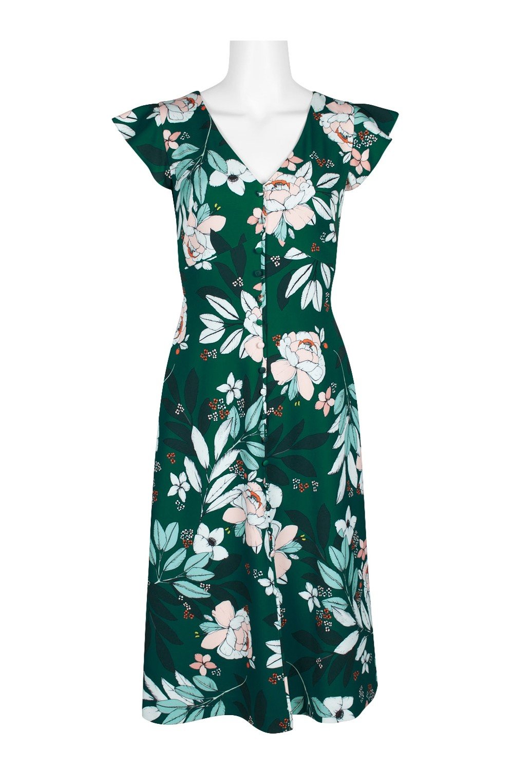 Adrianna Papell - AP1D103197 Floral Print Cap Sleeve V-neck Dress In Green and Multi-Color