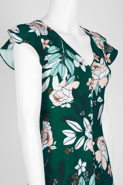 Adrianna Papell - AP1D103197 Floral Print Cap Sleeve V-neck Dress In Green and Multi-Color