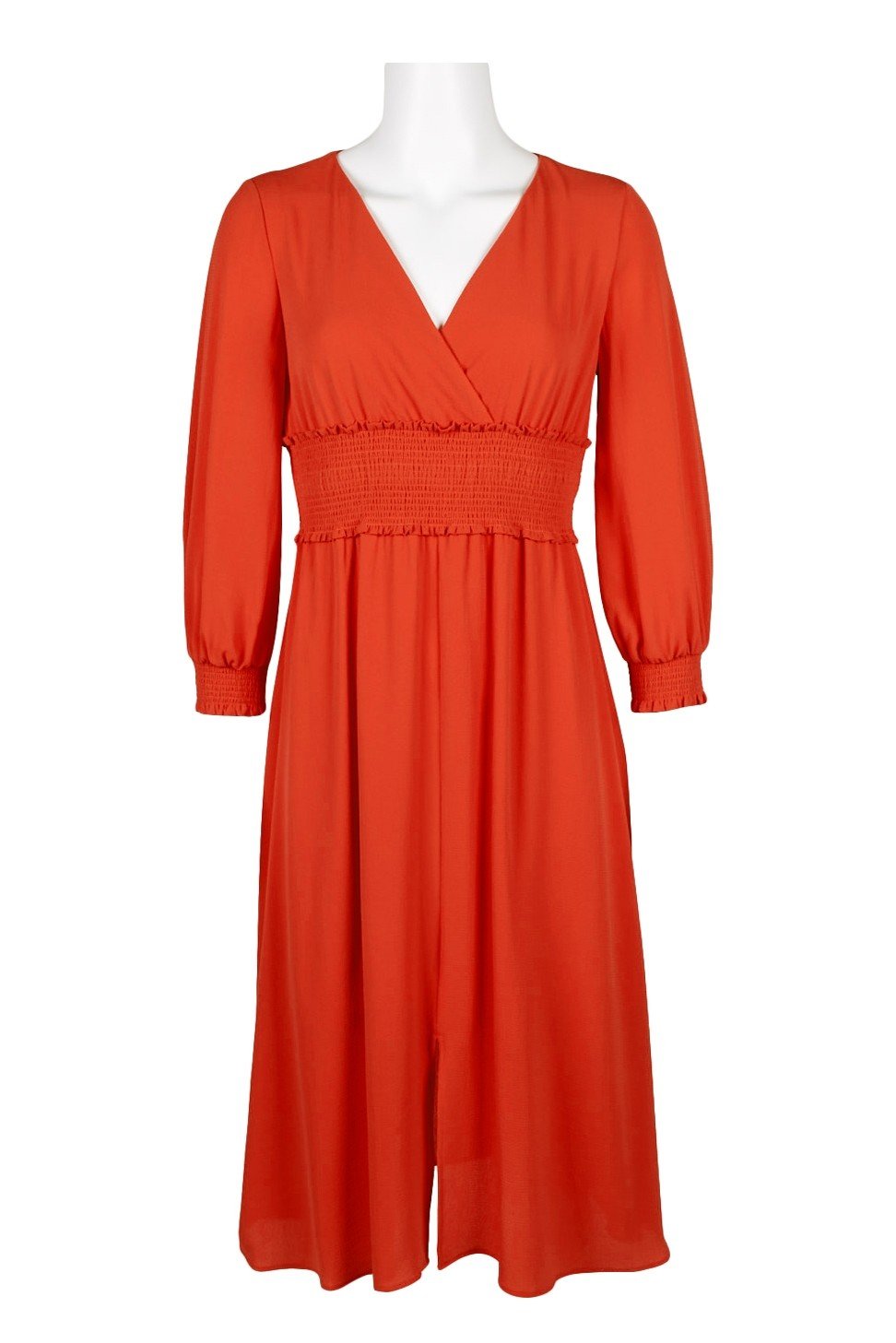 Adrianna Papell - AP1D103500 Long Sleeve V-neck Ruched A-line Dress In Orange