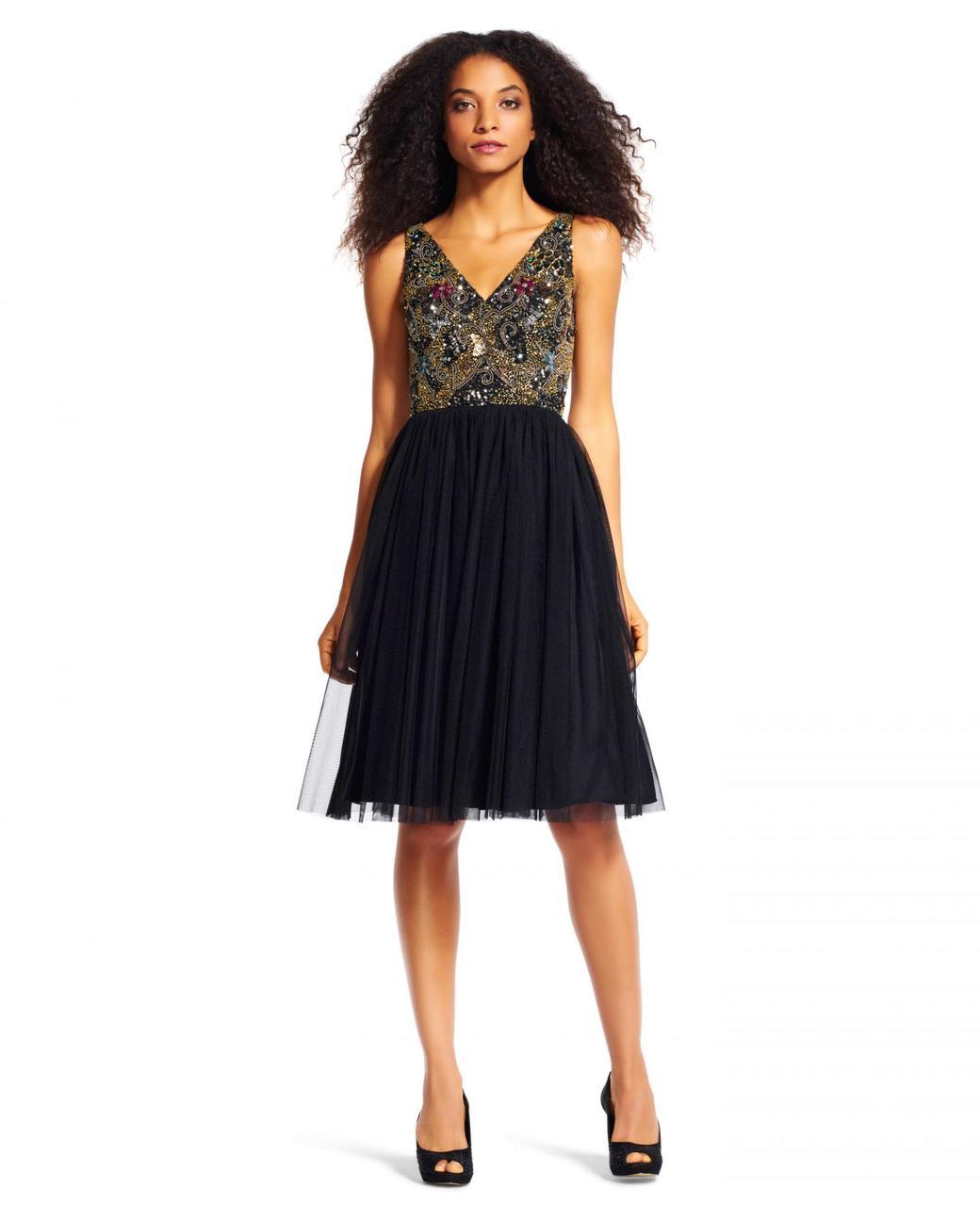 Adrianna Papell - V-Neckline Embellished Cocktail Dress AP1E200305 in Black
