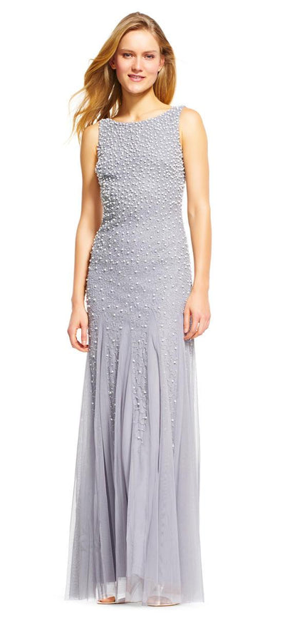 Adrianna Papell - AP1E200672 Pearl Beaded Dress with Godet Skirt in Gray